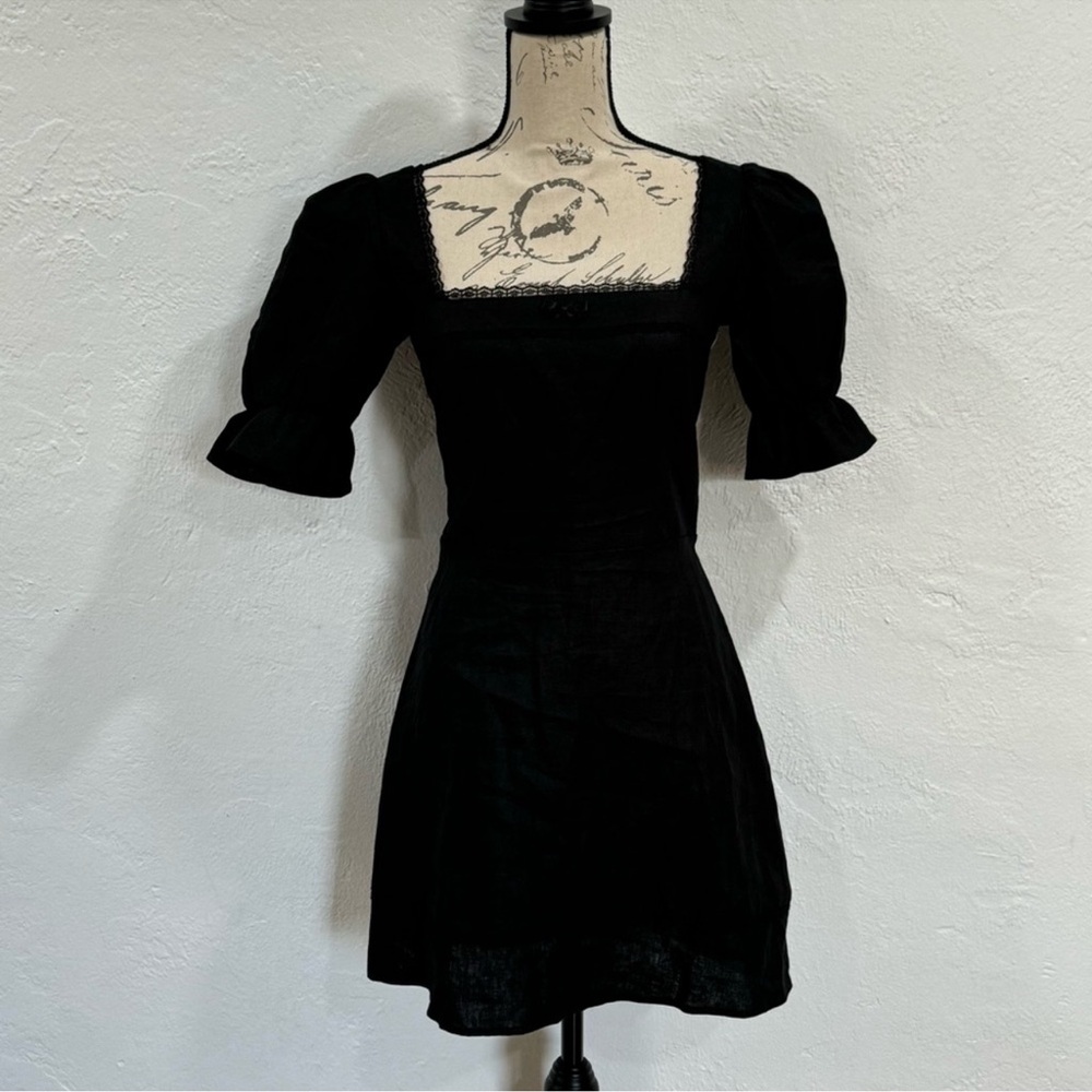 REFORMATION Evianna Linen Mini Dress In Black - Sz - 6 (B977)